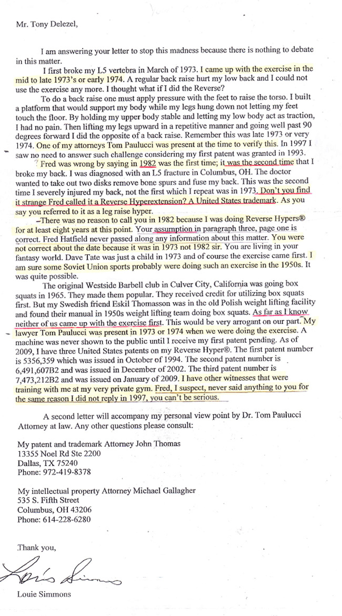 Louis Simmons Letter