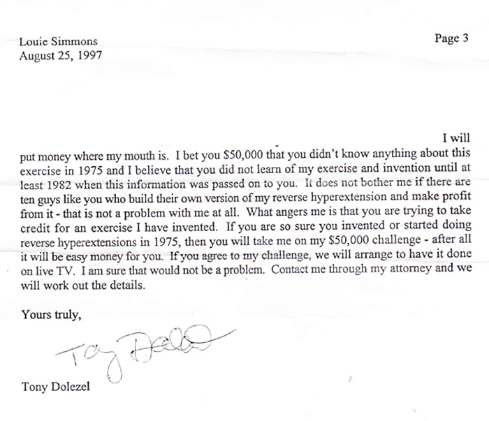 Tony Dolezel Letter To Louie Simmons